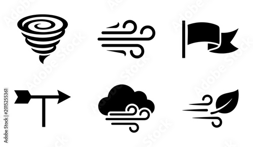 Weather Icons: Tornado, Wind, Flag, Wind Vane, Cloud, Leaf, Set