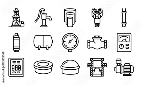 Industrial Equipment Icons: Oil Rig, Pump, Gauge, Valve, Meter, Tank, Technology