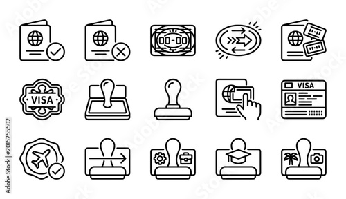 Travel Visa Icons, Passport Stamps, Border Crossing Symbols, Immigration Document Graphics