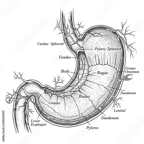 Detailed human stomach anatomy diagram.
