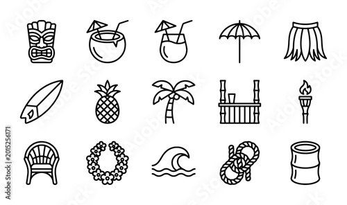Schilderij op canvas Tropical Icons Set: Tiki, Coconut, Surfboard, Palm Tree, Lei, Beach Elements