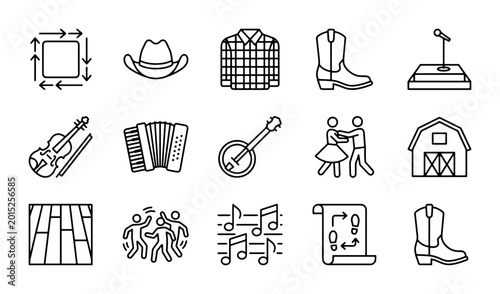 Obraz na płótnie Country Music Icons, Western Wear, Barn Dance & Instruments Vector Set