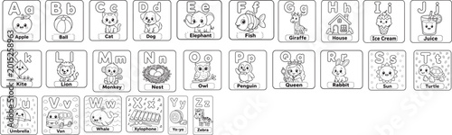 Black and White ABC Alphabet Learning Flashcards for Kids, Printable Coloring Educational Card Set