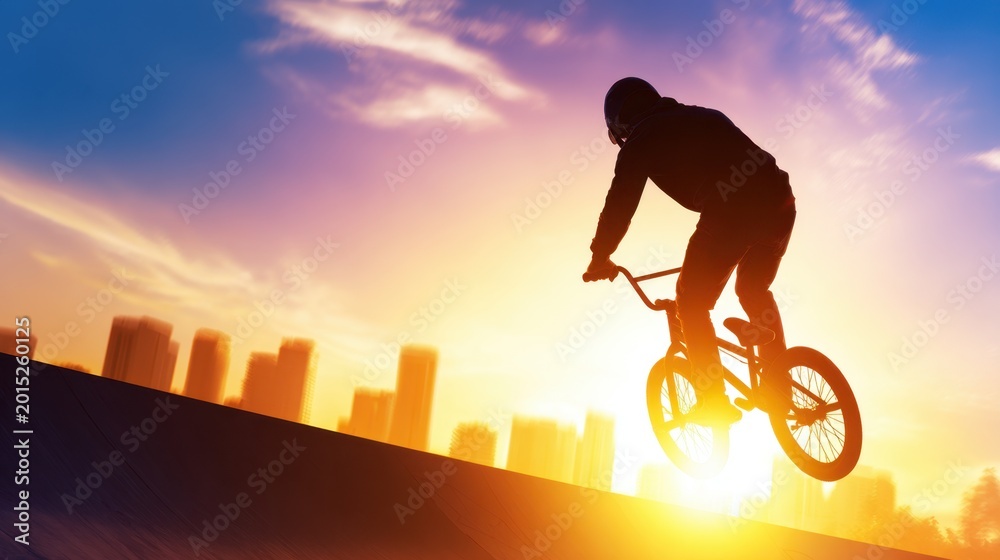 Fototapeta premium A silhouette of a BMX rider performing a trick against a vibrant sunset skyline backdrop