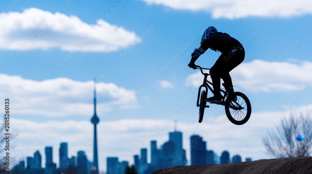Fototapeta premium A silhouetted BMX rider performs a jump against a city skyline under a cloudy sky