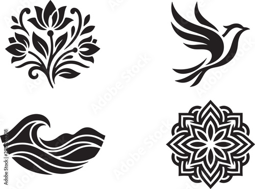 Decorative elements: floral design flying bird ocean wave mandala with art nouveau black and white background silhouette decorative elements ornament
