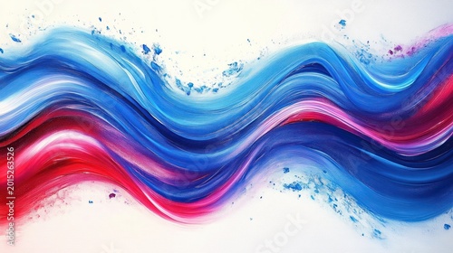 vibrant flowing blue and magenta paint waves and splatters on white canvas, dynamic energetic abstract brushstroke composition