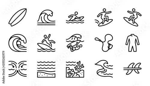 Bild auf Leinwand Surfing Icons Set: Ocean Waves, Surfers, Surfboards, Wetsuit, Vector Graphics fo