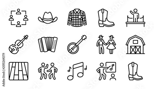 Country Music Icons Set, Western Dance, Barn, Cowboy Boots, 15 Vector Elements
