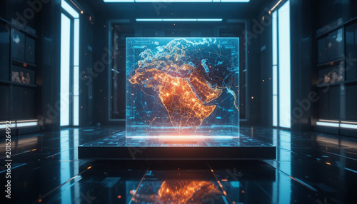 Futuristic Visualization, Africa, Digital Art, Modern Space, High-Tech Environment, Dynamic Perspective, Global Connectivity