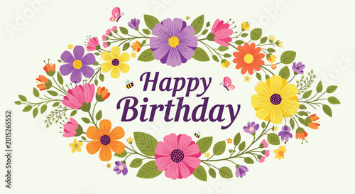 Vibrant floral wreath with colorful blossoms and green leaves surrounding a classic happy birthday message in purple.