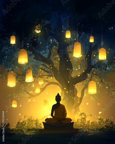 lord buddha meditating under bodhi tree with vesak lanterns