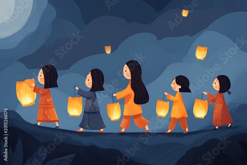children holding vesak lanterns walking at night 