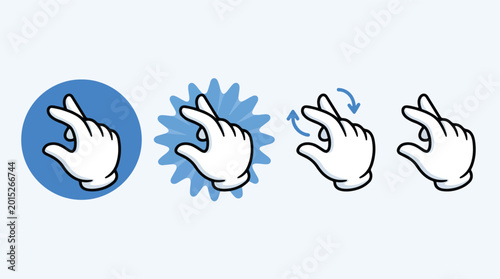 Cartoon gloved hand cursor icon set for software UI and mobile apps. Finger click, snap, and tap gestures in blue and white. Graphic resources.