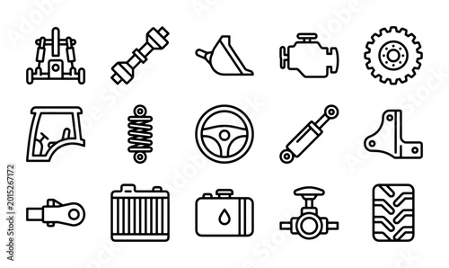 Schilderij op canvas Tractor Parts Icons, Agricultural Machinery Components, Vehicle Mechanics, Engin