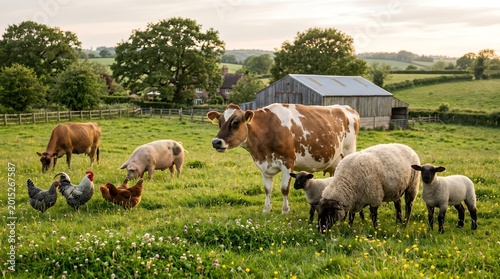 Various farm animals grazing peacefully in a lush green pasture with a barn and trees in the background under a soft sky.