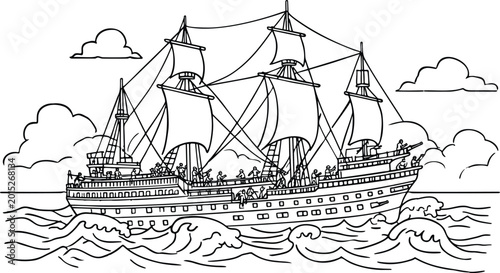Tablou pe pânză Historical wooden galleon ship with multiple masts and sails, featuring a busy c