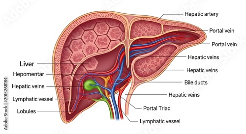 Liver anatomy with labeled hepatic structures.