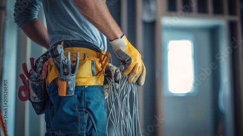 Construction worker holding wires
