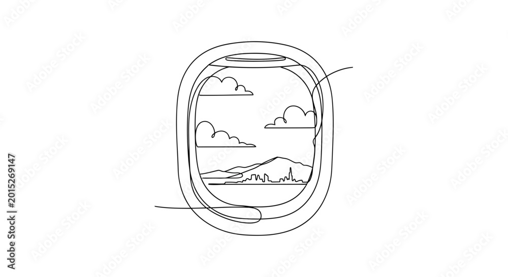 Naklejka premium Airplane Window View: Clouds, Mountains, Cityscape, and Landscape