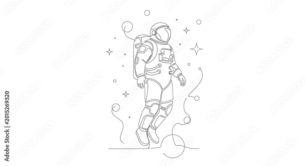 Fototapeta premium Astronaut Floating in Space, Minimalist Line Art, Cosmic Adventure
