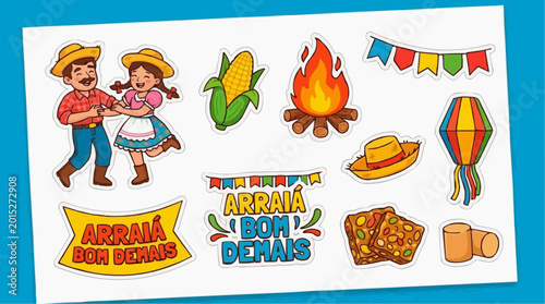 Festa junina sticker set with traditional brazilian folk festival elements like couple dancing, bonfire, corn, and decorations