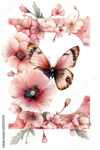 Watercolor decorative letter E adorned with pink poppies and cherry blossoms, a soft pastel butterfly in the center, delicate romantic and serene floral composition