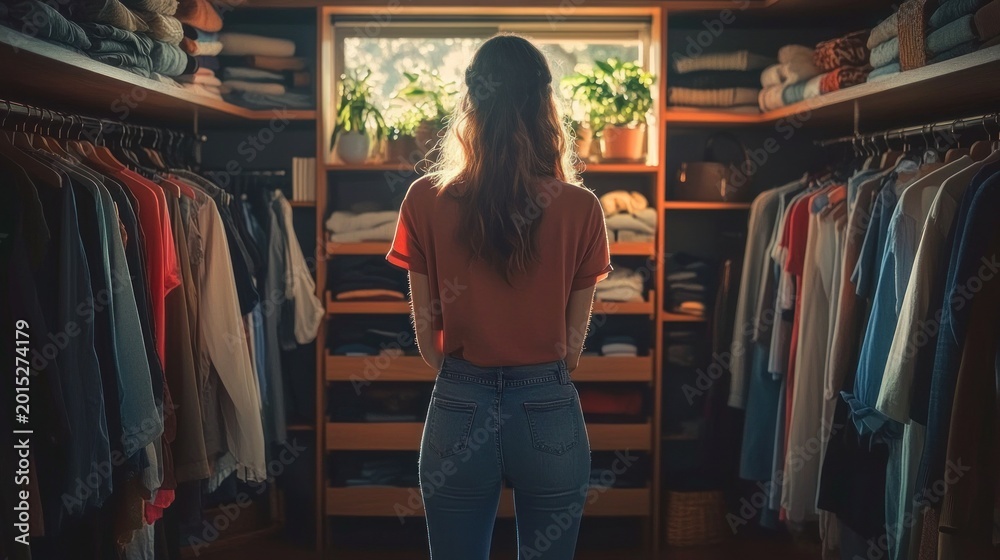 Obraz premium Woman standing in a sunlit walk-in closet facing shelves of folded clothes and hanging garments with plants on the windowsill, quiet contemplative mood