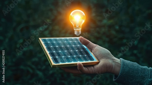 Hand holding a small solar panel with a glowing light bulb hovering above, conveying hopeful innovation and sustainable energy