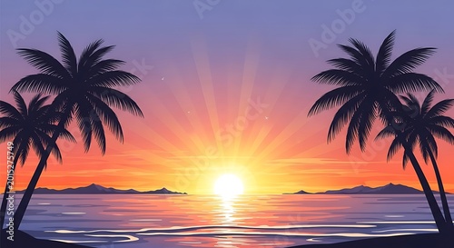 Vibrant tropical sunset illustration with palm trees by the ocean