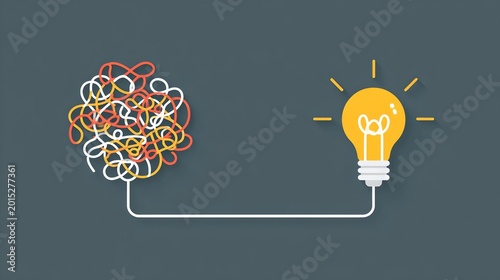 A simple illustration of untangling a complex problem. The image features a tangled mess connected to a glowing lightbulb representing an idea or solution.