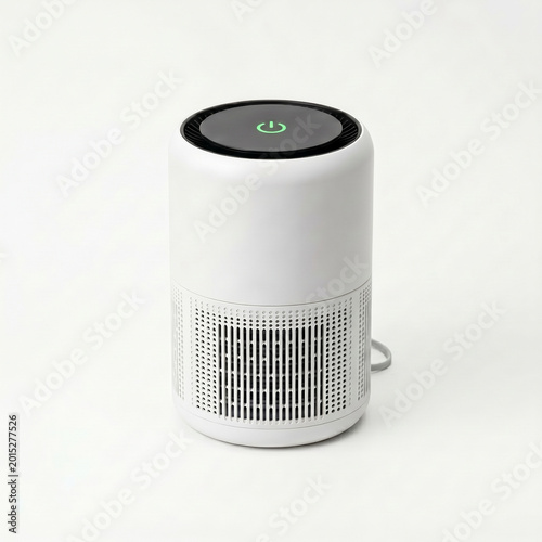 Desktop air purifier isolated on white background with power button  
