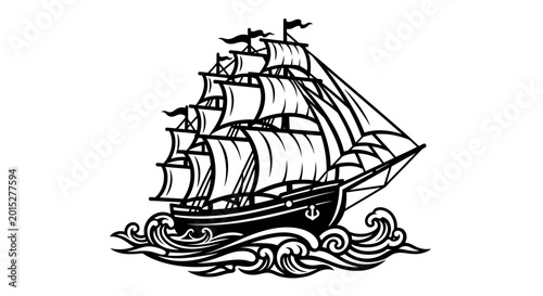 Fotografi Classic Tall Ship Sailing on Ocean Waves Vector Illustration.