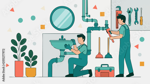 Professional plumbers working on sink and pipes, plumbing repair illustration