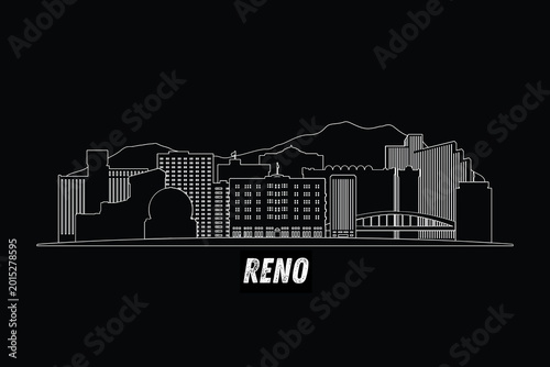 Bild auf Leinwand Minimal Reno, Nevada, USA skyline line art with iconic landmarks and modern architecture isolated on black background illustration