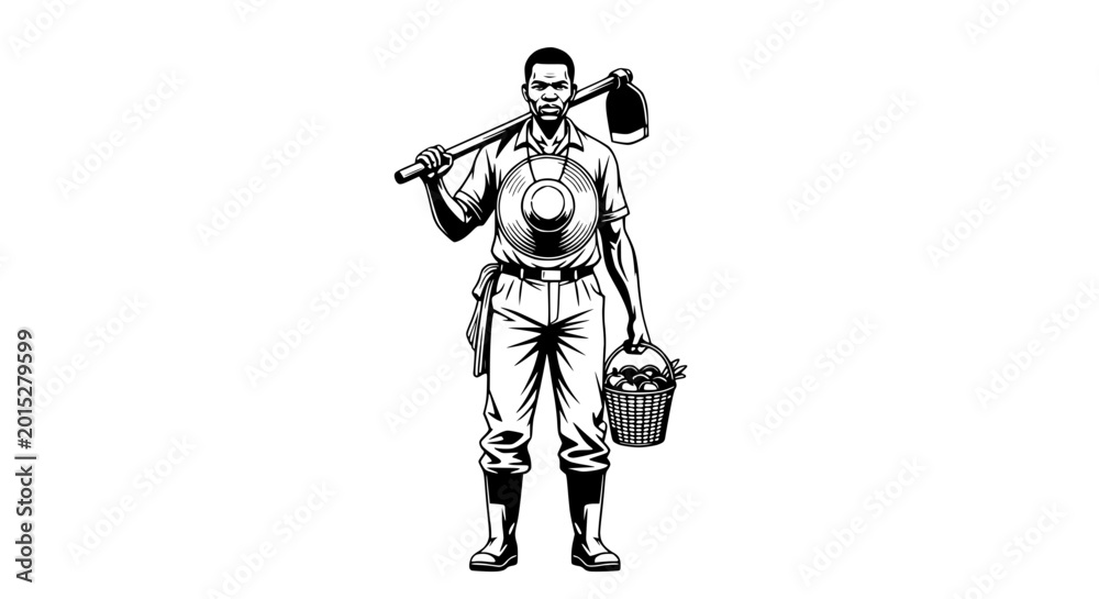 Fototapeta premium Black farmer holding hoe and basket of produce, black and white illustration