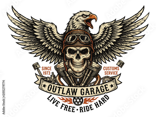 Angry skeleton biker badge with eagle wings and engine pistons for custom outlaw garage