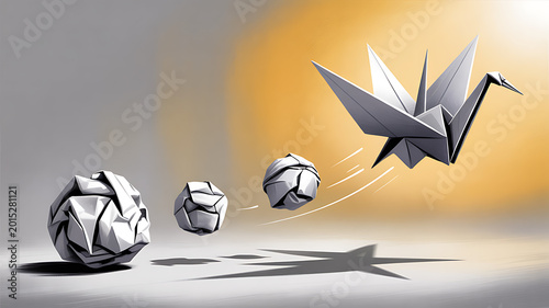 Evolving For Success and a metaphor as Transform or changing to succeed concept and leadership in business through innovation and evolution of ability as a crumpled paper transforming. 