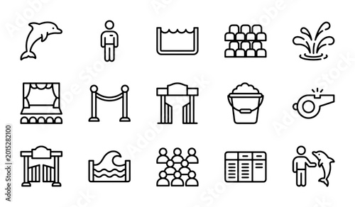 Foto Dolphin Show Icons, Marine Park Symbols, Aquatic Performance Graphics, Entertain