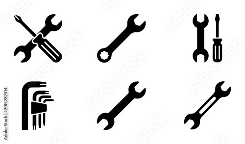 Obraz na płótnie Set of 6 Black Tools Icons: Wrenches, Screwdrivers, Allen Keys, Mechanic, Repair