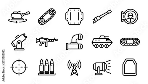 Fotografía Military Icons Set: Tank Turret, Machine Gun, Ammo, Radar, Soldier, Artillery, B