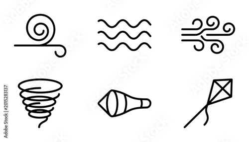 Bild auf Leinwand Wind Icons Set: Breeze, Gust, Tornado, Kite, Weather Symbols Vector