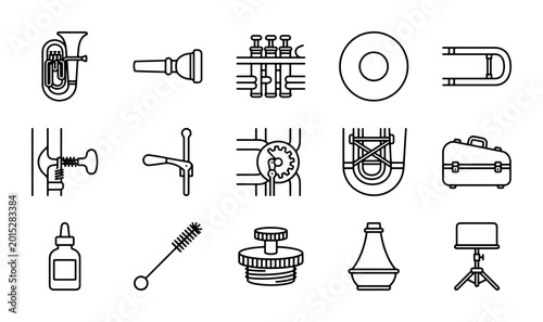 Foto Brass Musical Instrument Parts Icons, Wind Orchestra Equipment Line Art Set