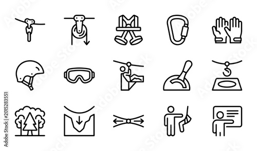 Bild auf Leinwand Adventure Zipline Icons Set: Safety Gear, Equipment, and Activity Illustrations
