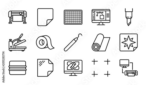 Bild auf Leinwand Printing and Cutting Icons Set: Plotter, Heat Press, Vinyl Cutter, Computer Grap
