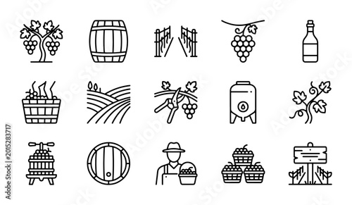 Tableau sur toile 15 Vineyard Icons: Grapes, Barrel, Farmer, Winery, Harvest Vector Set