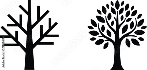 Фотография Bare winter tree and leafy flourishing tree silhouette vector illustration, symb