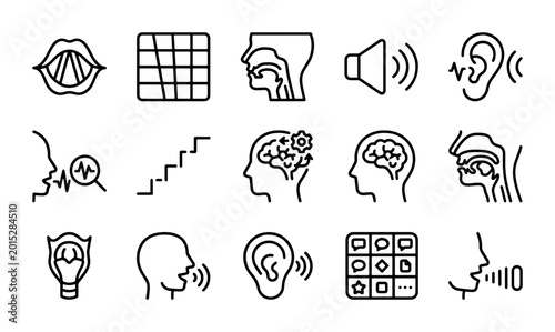 Quadro su tela Speech Therapy Icons: Vocal Cords, Brain, Ear, Mouth Anatomy, Sound Waves, Heari