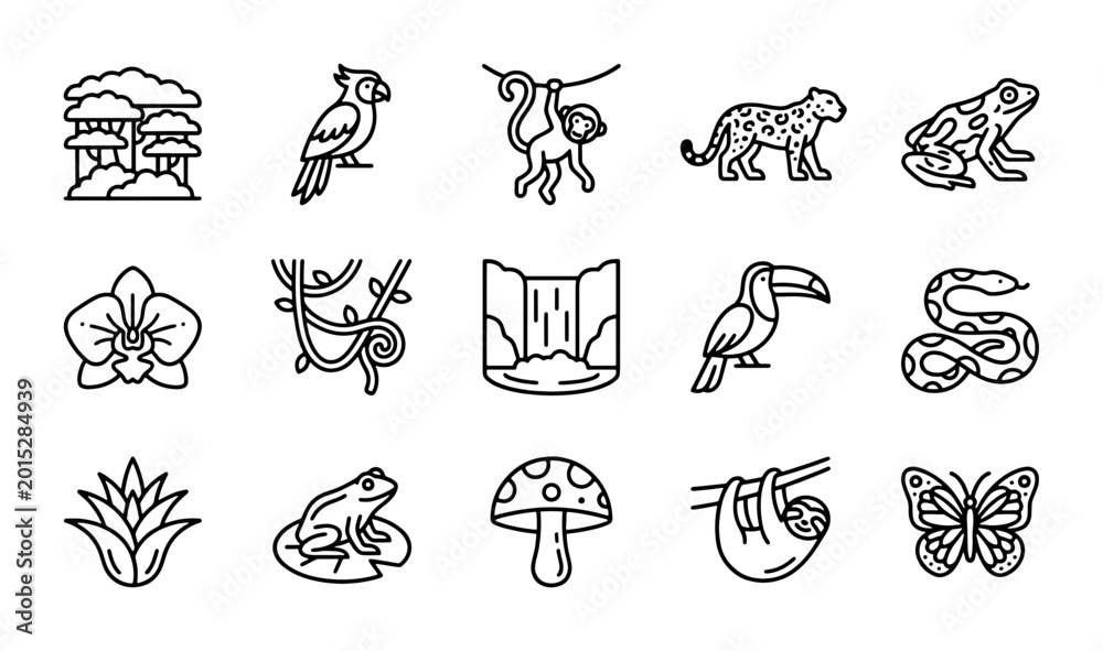 Obraz premium Jungle animal line icons, 15 tropical rainforest vector elements, exotic wildlife nature set