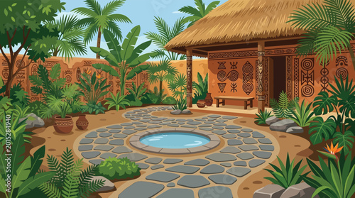 Papuan Inspired Courtyard Garden Vector Illustration